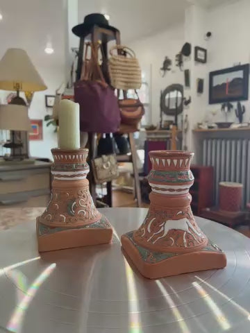 Handcrafted Grecian Terracotta Pair of Candle Holders by Rhodos