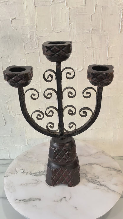 Vintage Wood Carved, Medieval Inspired Scroll Iron Work, Tri-head Candelabra