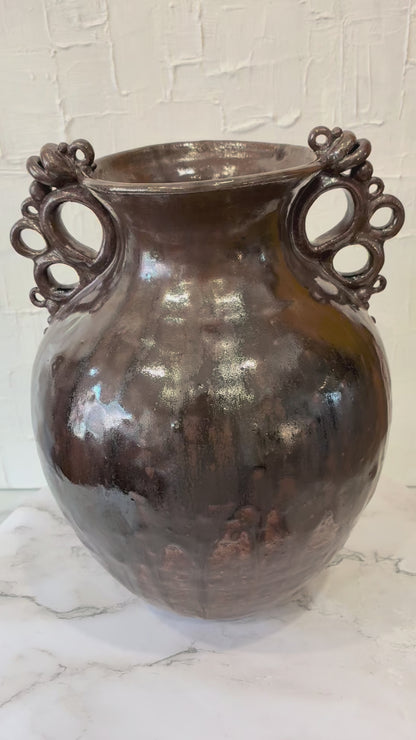 2007 Sturgeon River Pottery, Delicate Loop Dark Brown Glazed Amphora Vase