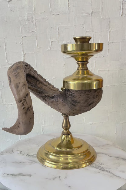 1960’s Faux Ram Horn Candle Holder in Brass Pedestal Stand