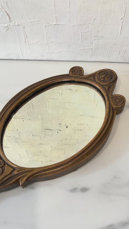 Antique Art Nouveau Carved Wood with Velvet Back Hand Mirror