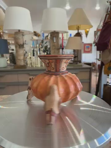 Vintage Mayan Tri-leg Red Clay Folk Art Bird Vessel with Hand Painted Mayan Patterns- RARE