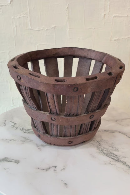 Signed Ceramic Woven Berry Basket w/ Carved Detail Work