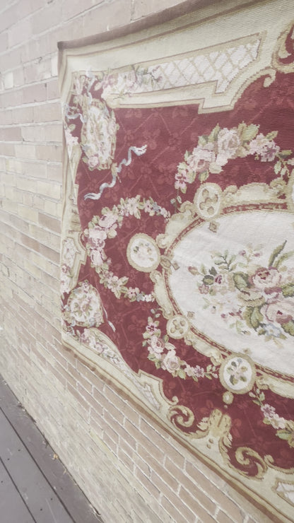 Vintage French Maroon Floral Knit Tapestry