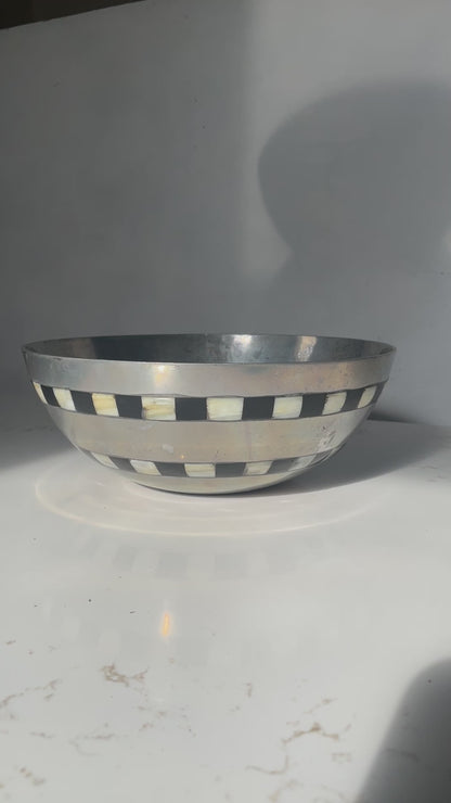 Painted Opalescent Mother of Pearl and Black Checkered Cast Aluminum Bowl