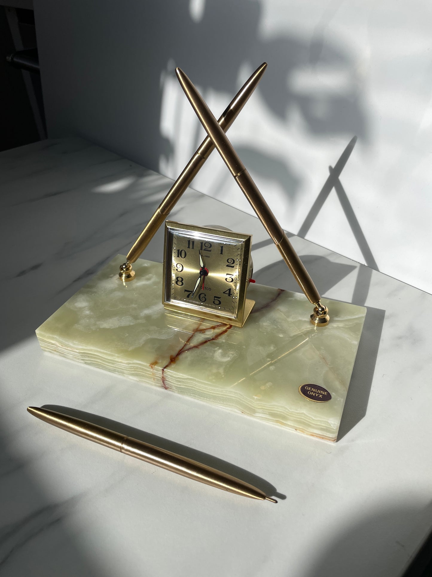 Scottco Green Onyx Desk Clock and Pen Set (3 pens) Original Box