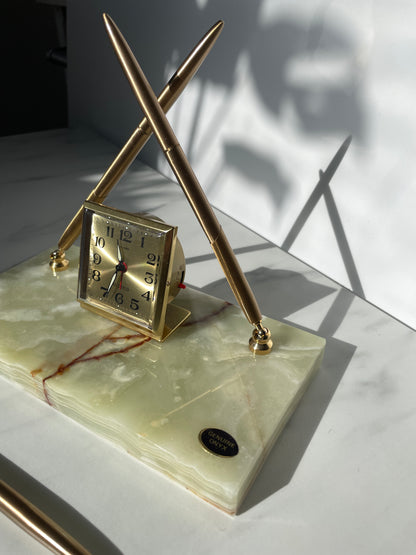 Scottco Green Onyx Desk Clock and Pen Set (3 pens) Original Box
