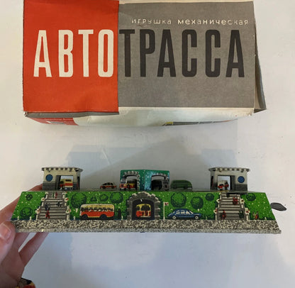 Vintage ABTOTPACCA USSR Russian Tin Windup Gas Station Game in Box