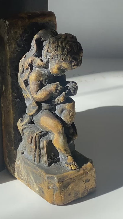 Vintage Chalkware Cherub Reading Bookends - Sold as Pair