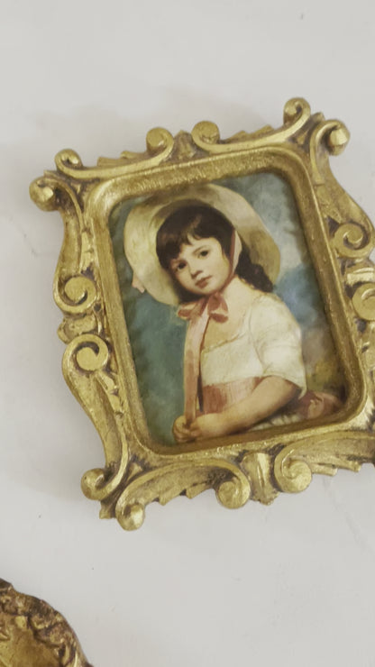 Mini Ornate Rococo Gold Framed Fabric Portraits