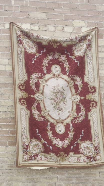 Vintage French Maroon Floral Knit Tapestry