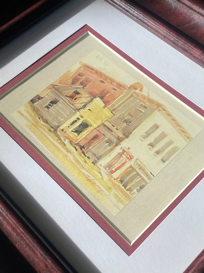Watercolor Print of 1950’s market street Art in Maroon Frame