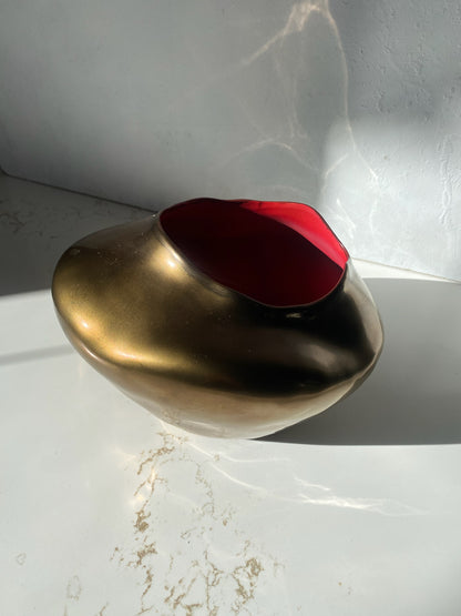 Bronze Ceramic Organic Abstract Vase with Matte Red Interior