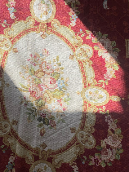 Vintage French Maroon Floral Knit Tapestry