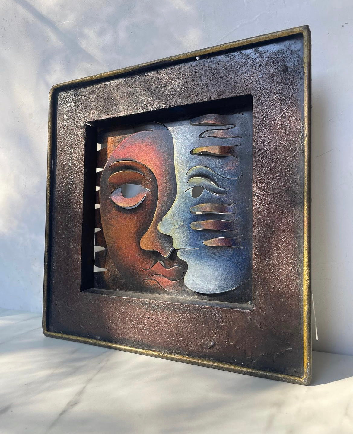 Fire and Ice Dual Face Sculpted Metal Art Signed Andres Martin De Campo