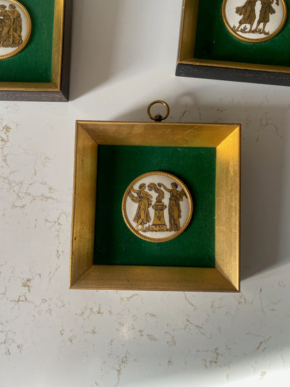 Vintage Green and Gold Greek Pendant Art - set of 4