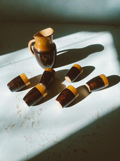Wood-Carved Chilean Pisco Pitcher and 6 Shot Glasses