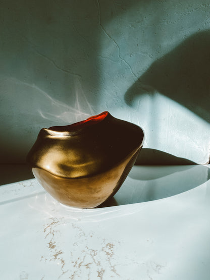 Bronze Ceramic Organic Abstract Vase with Matte Red Interior