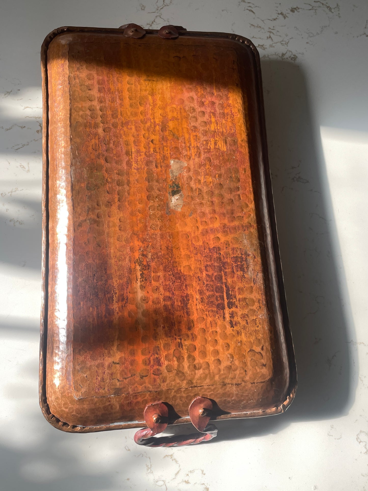 Handcrafted and Hammered Copper Tray with Twisted Rod Handles