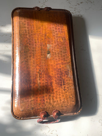 Handcrafted and Hammered Copper Tray with Twisted Rod Handles