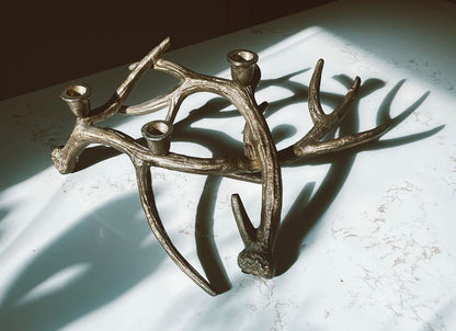 Vintage Casted Gold Metal Deer Antler Candelabra