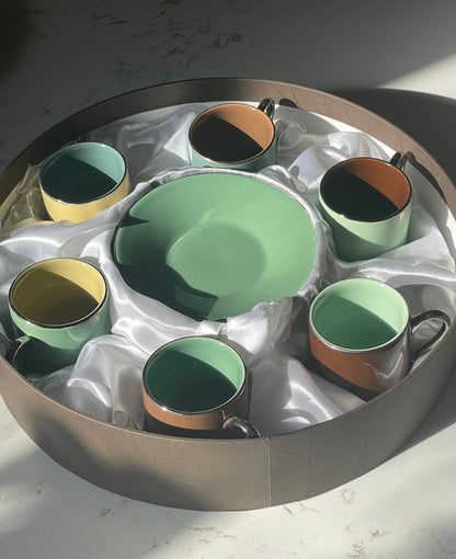 Vintage Two-Tone Neutral Collectible Classic Coffee and Tea Saucer and Cup serves 6 in original case