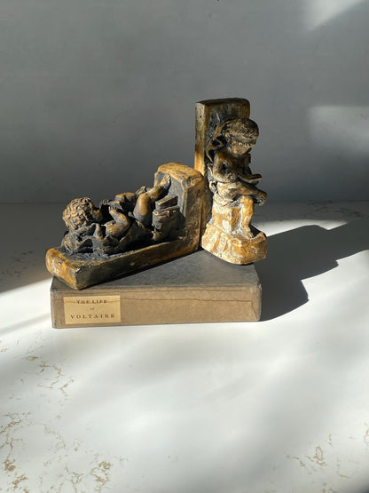 Vintage Chalkware Cherub Reading Bookends - Sold as Pair