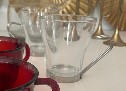 Pair of Italian Vitrosax Cappuccino Glass Mugs with Stainless Steel Handles