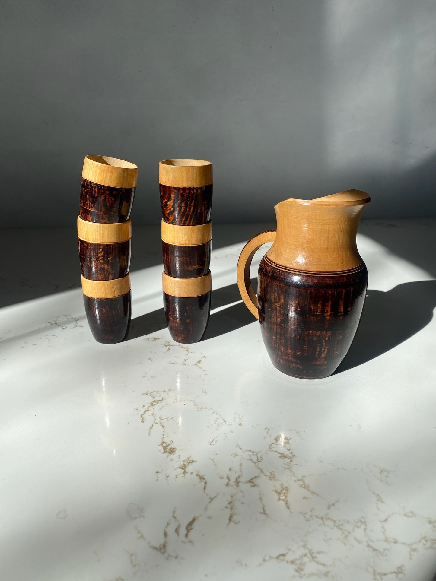 Wood-Carved Chilean Pisco Pitcher and 6 Shot Glasses