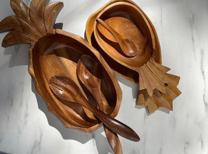 1970s Carved Monkypod Pineapple Salad Serving Set