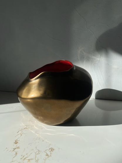 Bronze Ceramic Organic Abstract Vase with Matte Red Interior