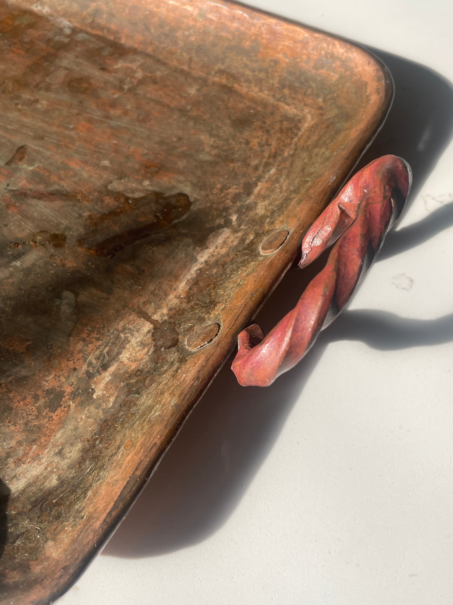Handcrafted and Hammered Copper Tray with Twisted Rod Handles