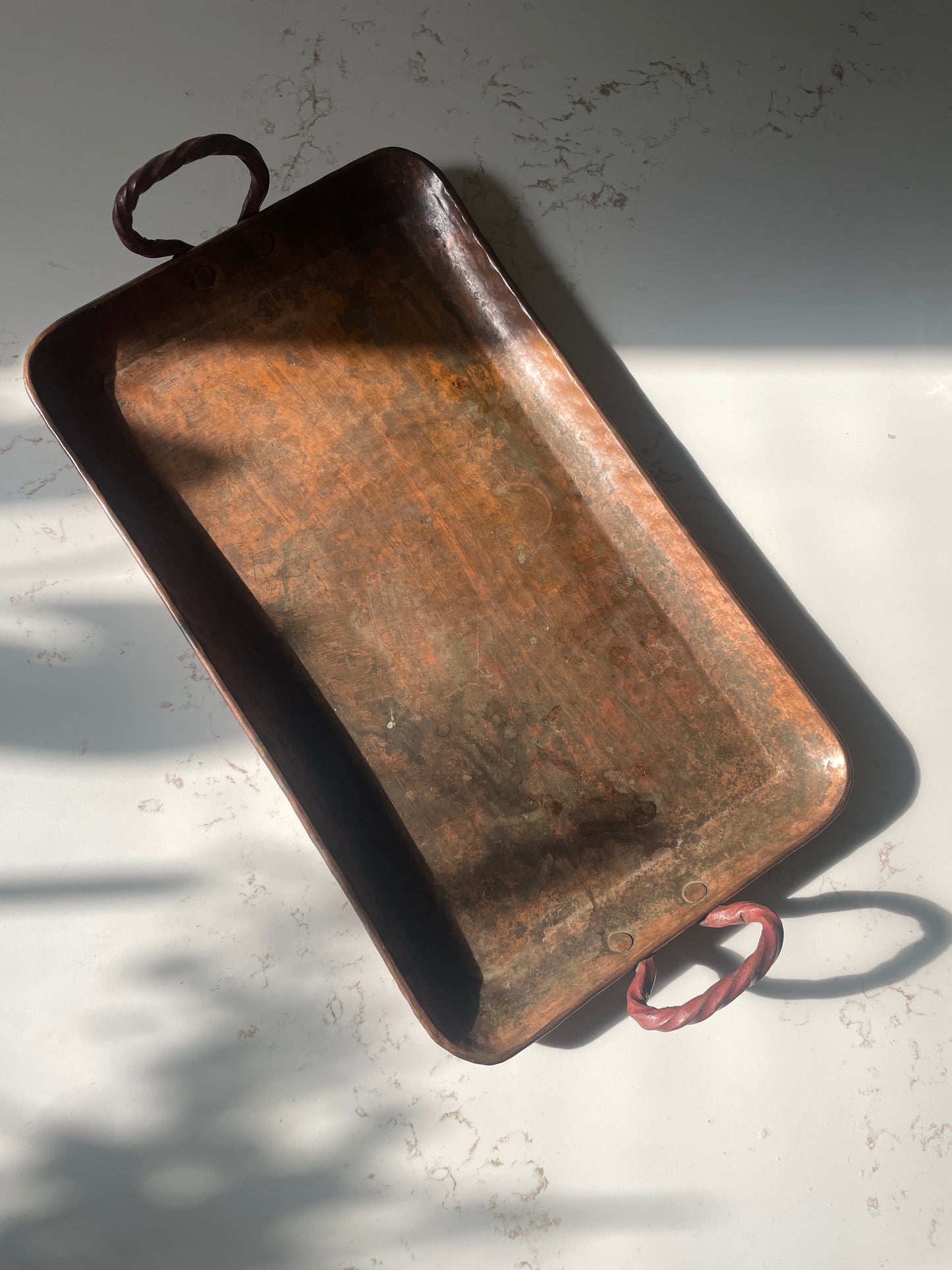 Handcrafted and Hammered Copper Tray with Twisted Rod Handles