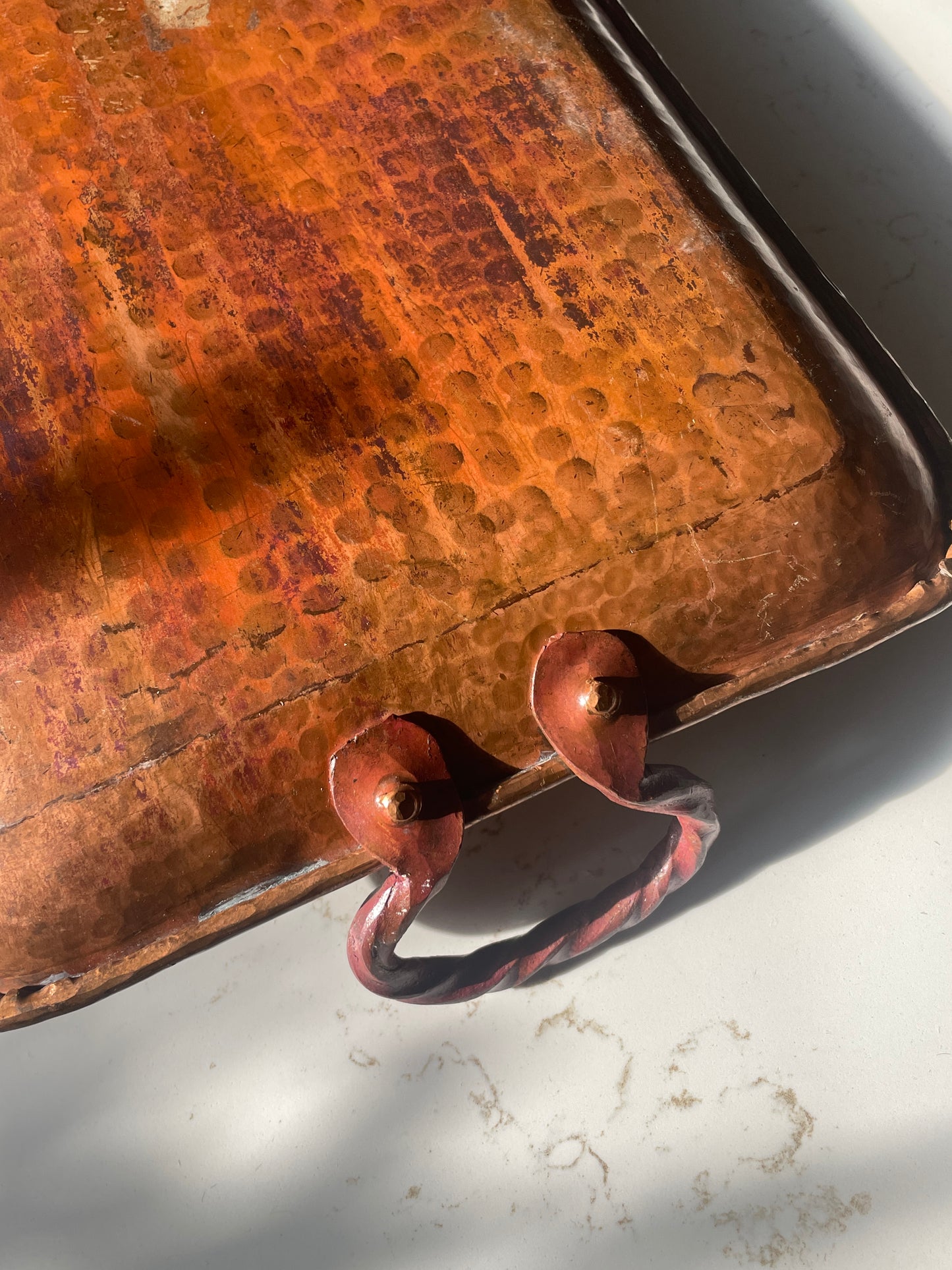 Handcrafted and Hammered Copper Tray with Twisted Rod Handles