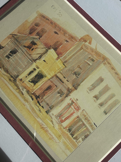 Watercolor Print of 1950’s market street Art in Maroon Frame