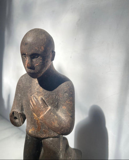 Carved Wood Balul Rice Offering Figurine Statue on Block Base