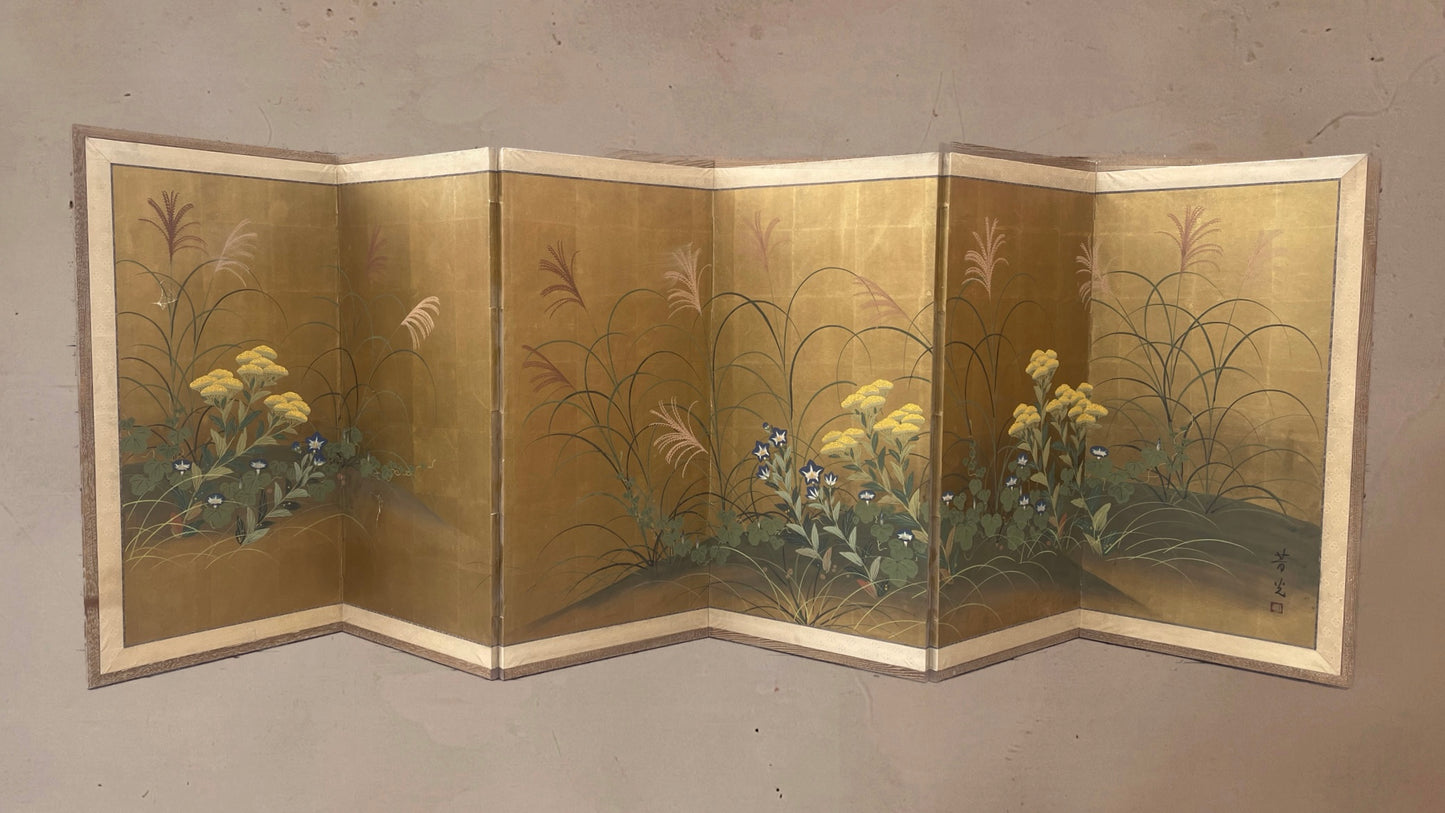 Vintage Handpainted Japanese Byobu 6-Panel Folding Divider