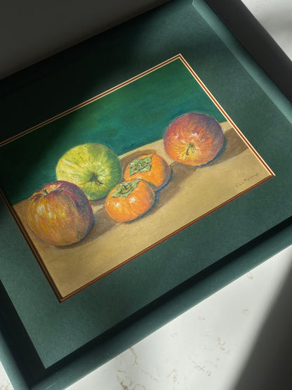 Green Framed Winter Fruit Pastel - Signed Tsutomu