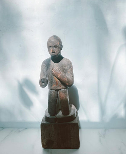 Carved Wood Balul Rice Offering Figurine Statue on Block Base