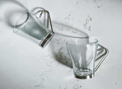 Pair of Italian Vitrosax Cappuccino Glass Mugs with Stainless Steel Handles