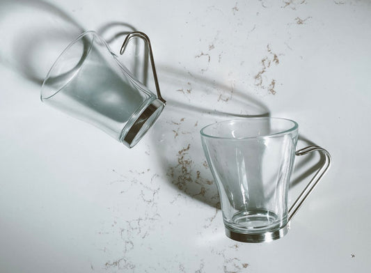 Pair of Italian Vitrosax Cappuccino Glass Mugs with Stainless Steel Handles