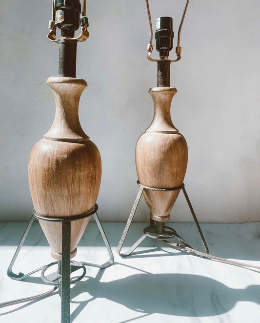 Pair of Urn Style Faux Wood and Metal Lamps