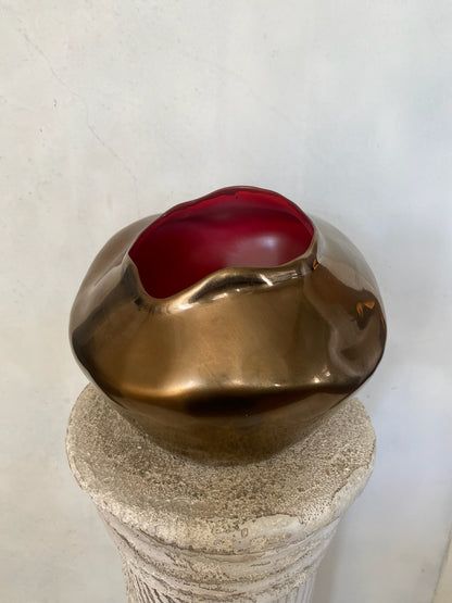 Bronze Ceramic Organic Abstract Vase with Matte Red Interior
