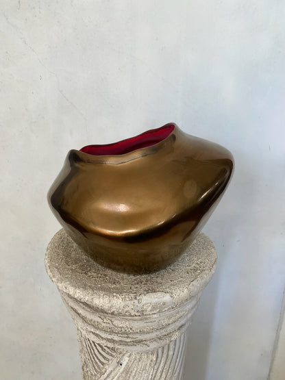 Bronze Ceramic Organic Abstract Vase with Matte Red Interior