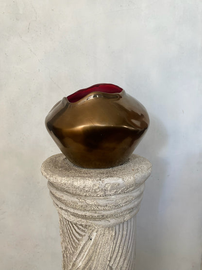 Bronze Ceramic Organic Abstract Vase with Matte Red Interior