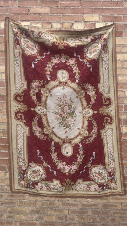 Vintage French Maroon Floral Knit Tapestry