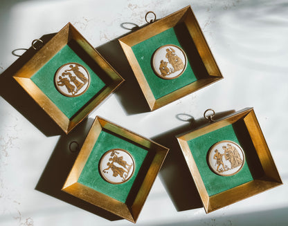 Vintage Green and Gold Greek Pendant Art - set of 4