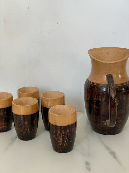 Wood-Carved Chilean Pisco Pitcher and 6 Shot Glasses
