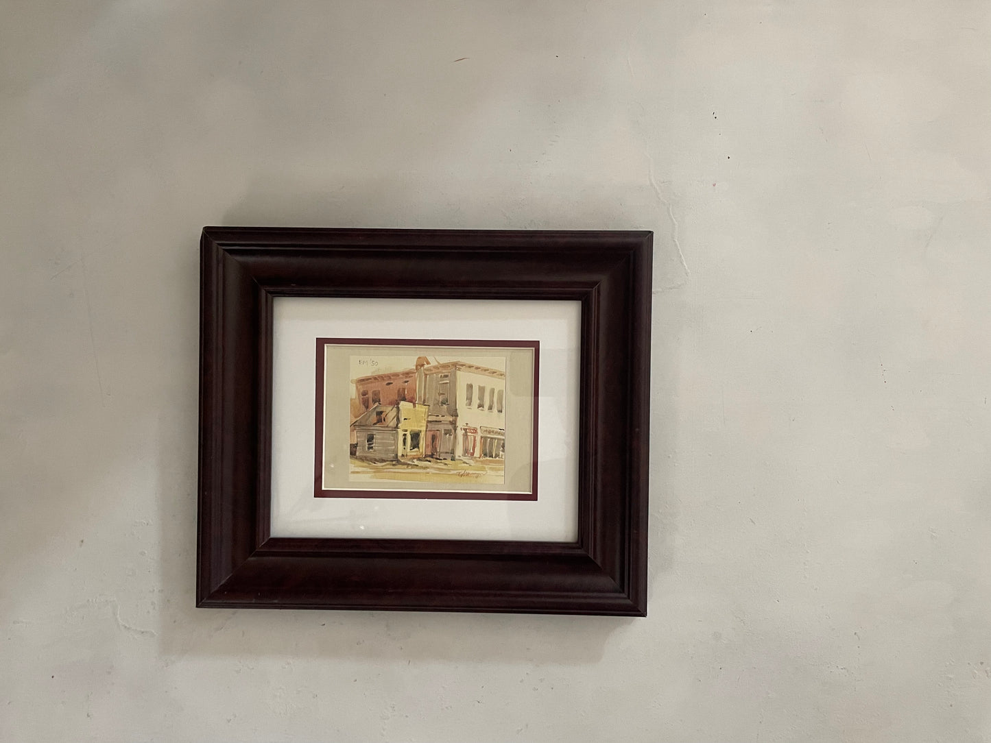 Watercolor Print of 1950’s market street Art in Maroon Frame