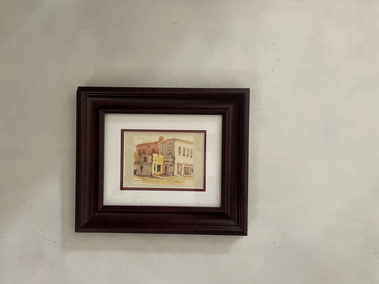 Watercolor Print of 1950’s market street Art in Maroon Frame